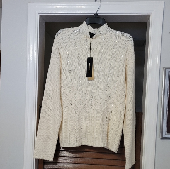 Donna Karan Embellished Cable Knit Mock Turtle Neck Wool Blend Thick Sweater - Picture 6 of 14